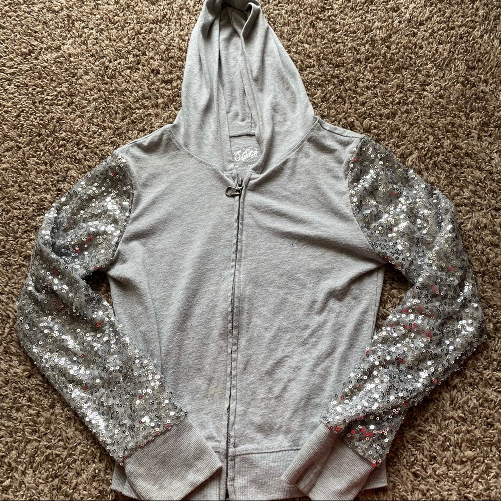Gray silver sequin zip up jacket hoodie